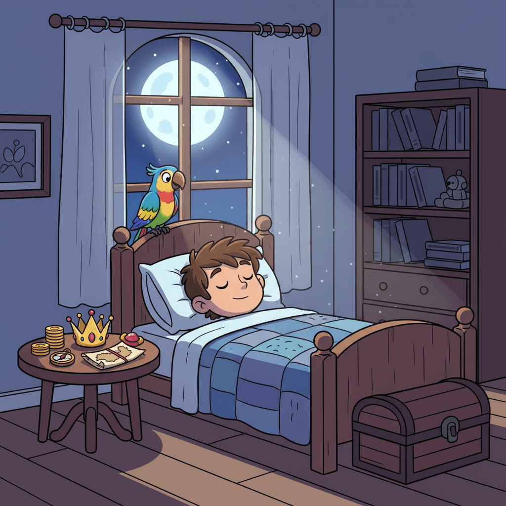 That night, Matteo fell asleep dreaming of his next big adventure. His treasures sat safely beside his bed, reminding him of the magical day. Rainbow watched over him, keeping his friend safe.