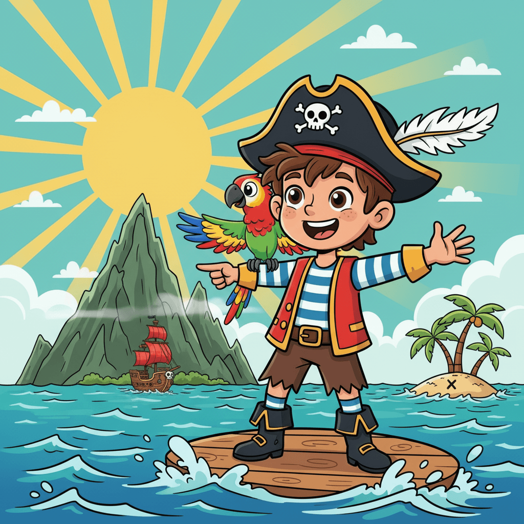 Matteo's trusty parrot, Rainbow, sat on his shoulder. 'Where shall we explore today?' Matteo asked his feathered friend. Rainbow squawked and pointed his wing toward a mysterious island in the distance.