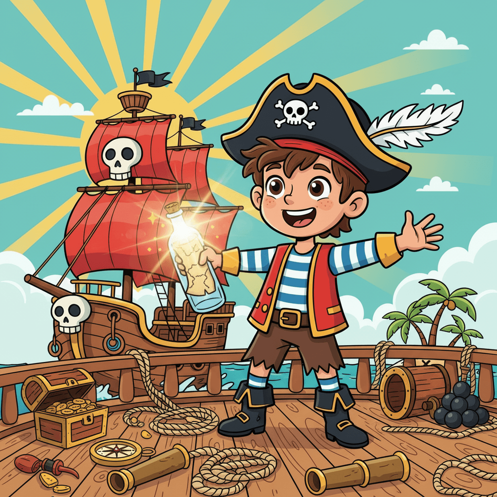 As they sailed closer, Matteo spotted a secret map hidden in an old bottle. He carefully pulled out the map and spread it across the ship's deck. The map showed an X marking a special treasure spot!