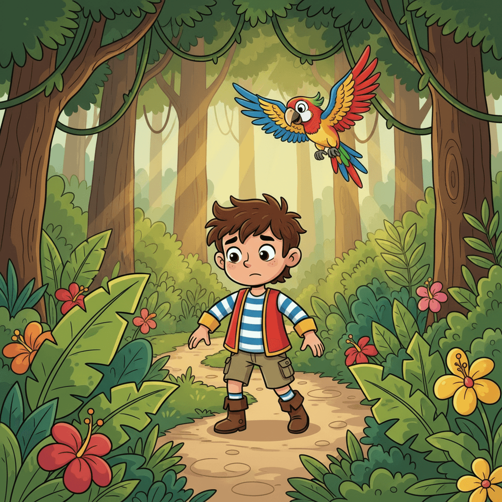 Matteo followed the map through a lush jungle. He jumped over big rocks and ducked under hanging vines. Rainbow flew above, keeping a watchful eye on his brave little pirate friend.