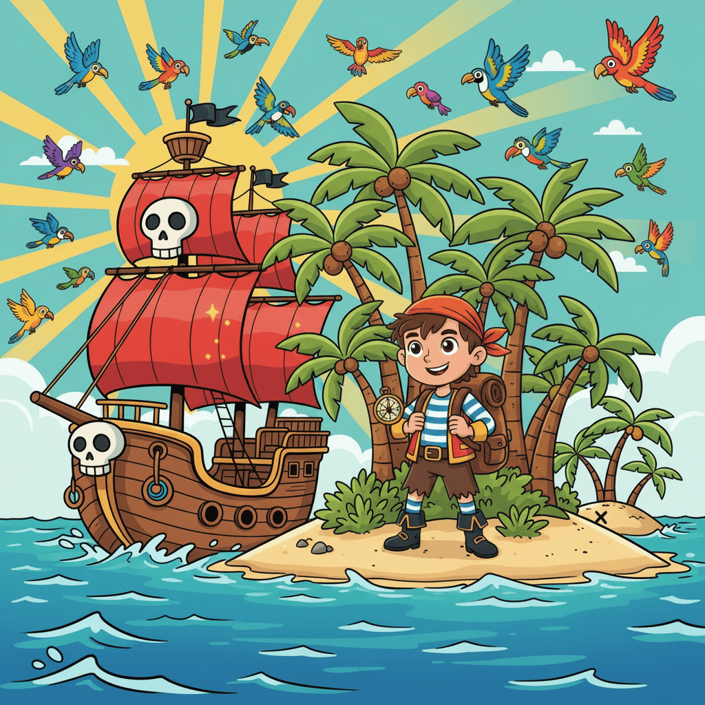 The ship approached the mysterious island. Tall palm trees swayed in the breeze, and colorful birds flew overhead. Matteo prepared his adventure backpack and got ready to explore.