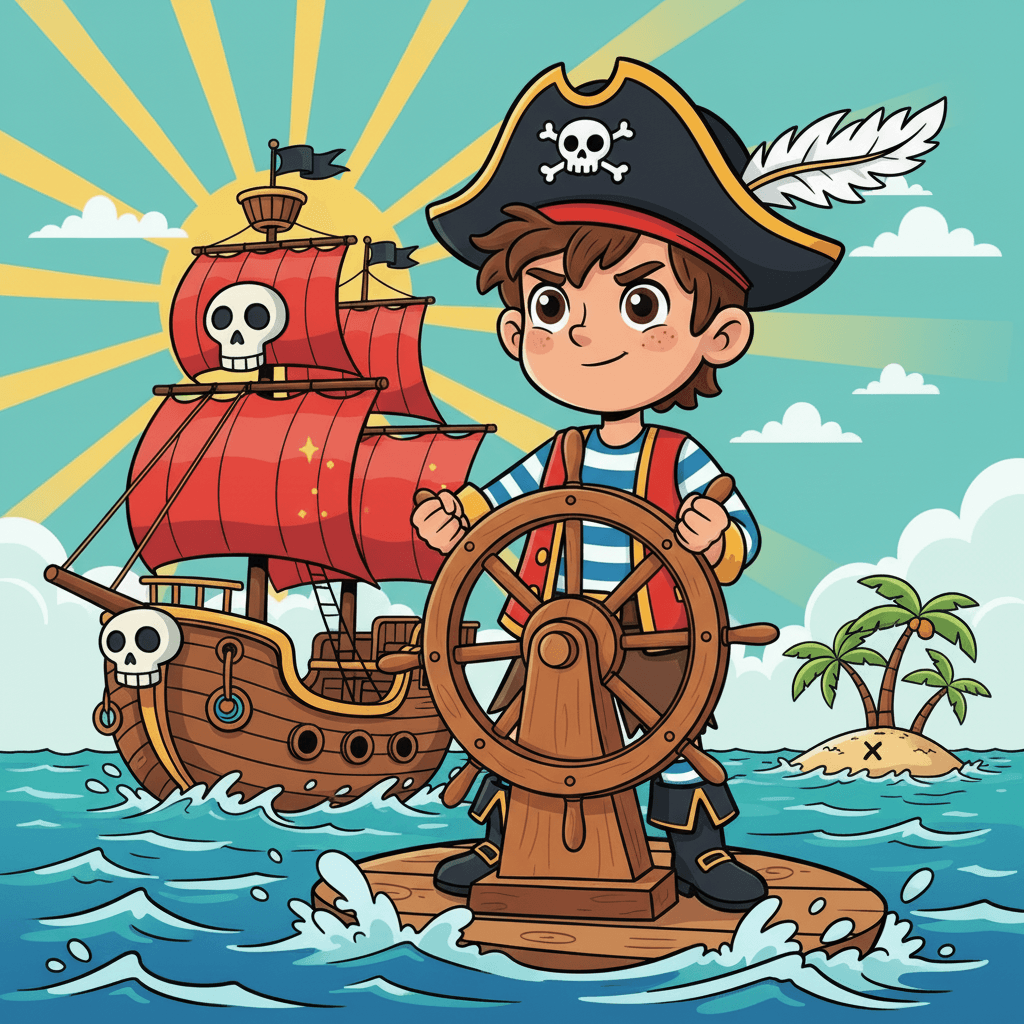 Once upon a time, there was a brave little pirate named Matteo. He loved sailing the big blue seas on his magical ship. Matteo dreamed of finding the most amazing treasure in the whole wide world!