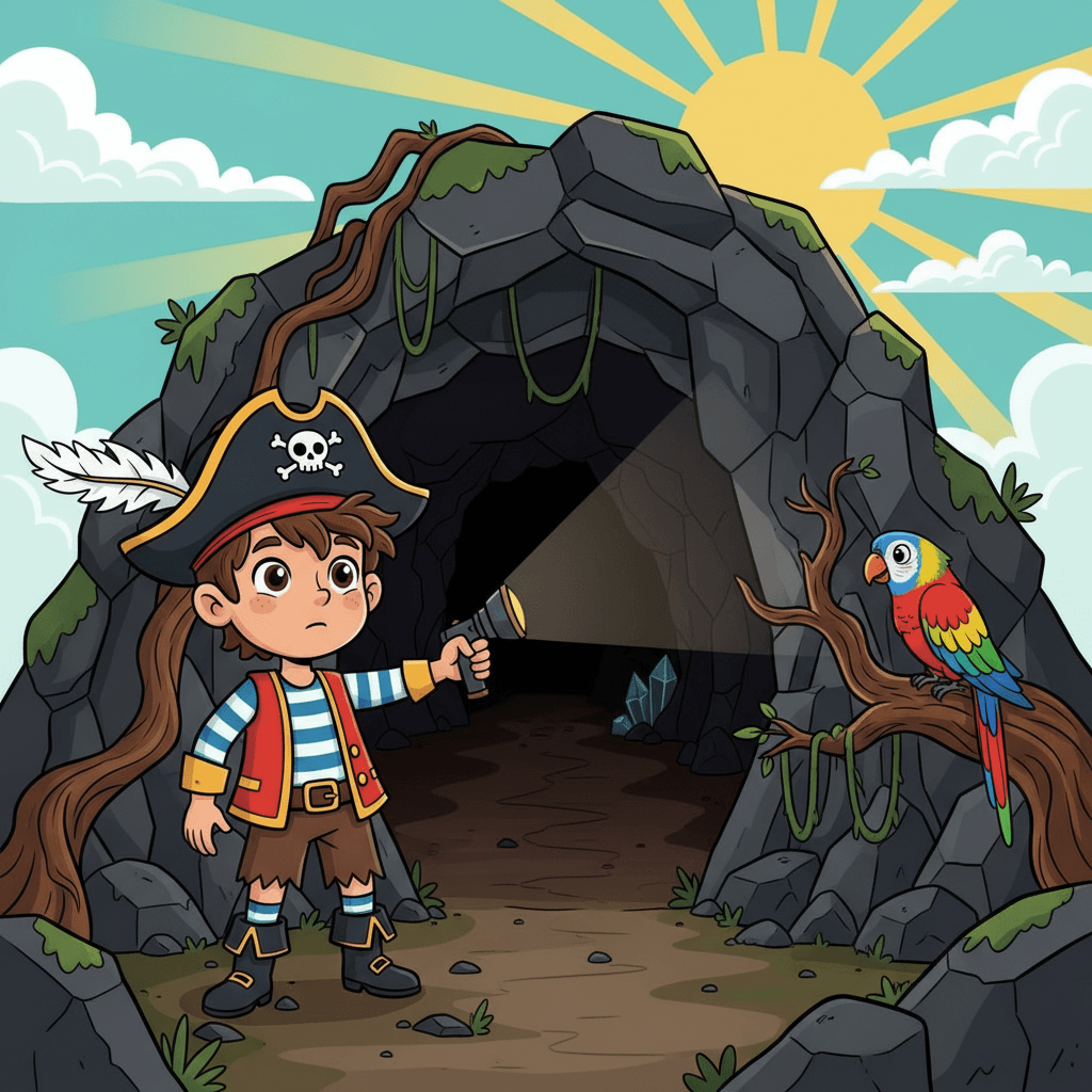 Suddenly, he found a hidden cave entrance! The map showed the treasure was just inside. Matteo took a deep breath and grabbed his flashlight. 'I'm ready for an adventure!' he whispered.